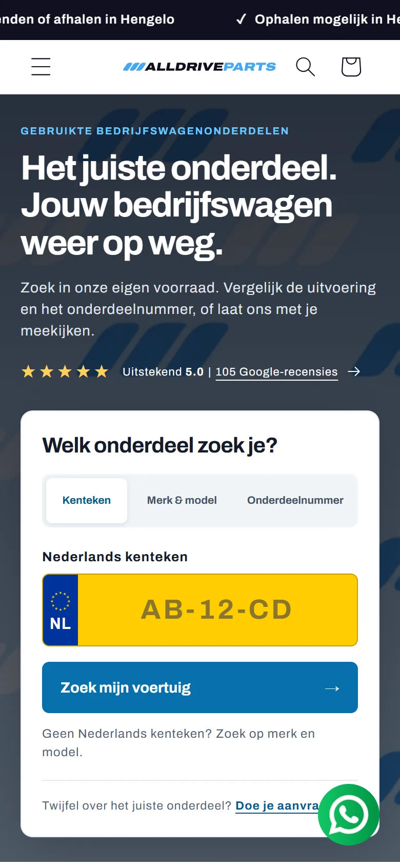 AllDriveParts op mobiel, met voertuigzoeker