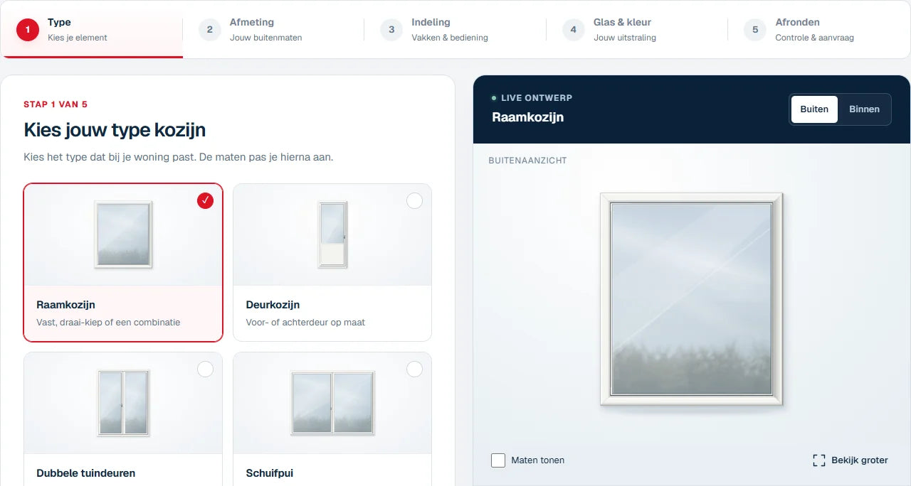 PowerBouw configuratiepagina met kozijnkeuze en live ontwerp
