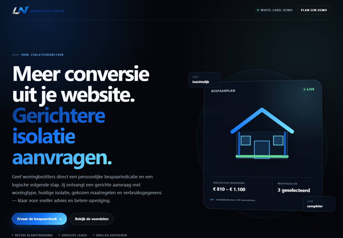 White-label isolatieconfigurator voor meer conversie en gerichte woningaanvragen, ontwikkeld door LN Innovations