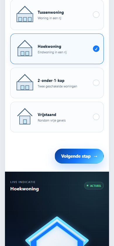 Mobiele isolatieconfigurator met duidelijke stappen en woningkeuzes