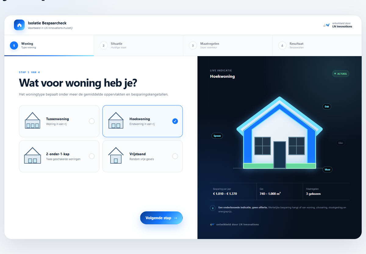 Desktopweergave van een isolatie bespaarcheck met woningtype en isolatievragen