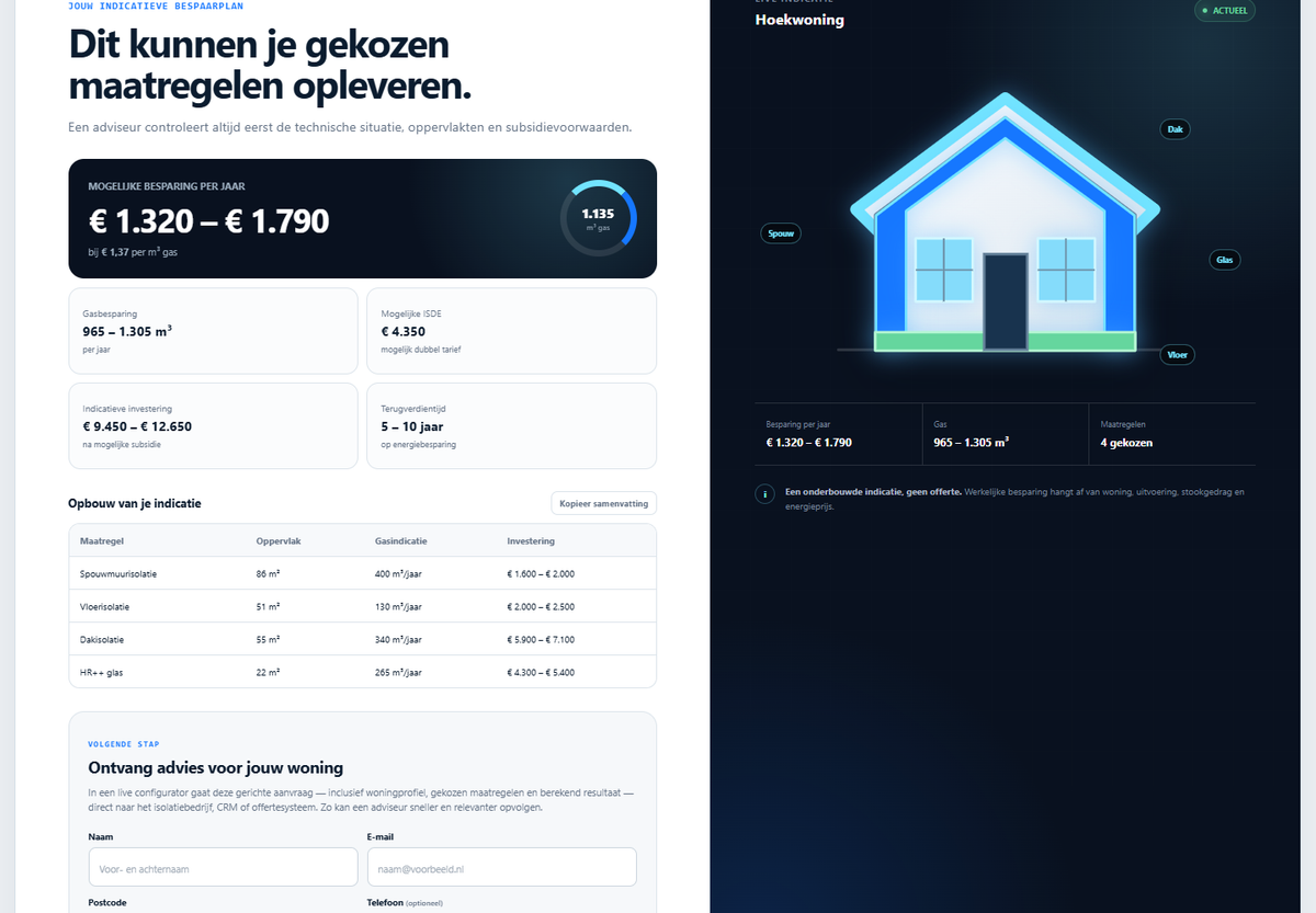 Resultaat van een isolatieconfigurator met besparing, investering, subsidie en gerichte aanvraagroute